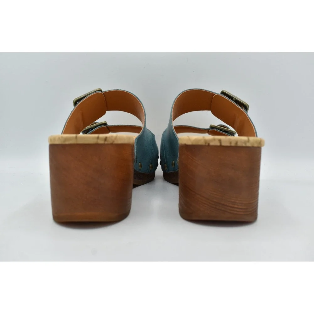 Kork-Ease Saffron Women 9 Turquoise Leather Cork Wedge Shoes Slide Sandals